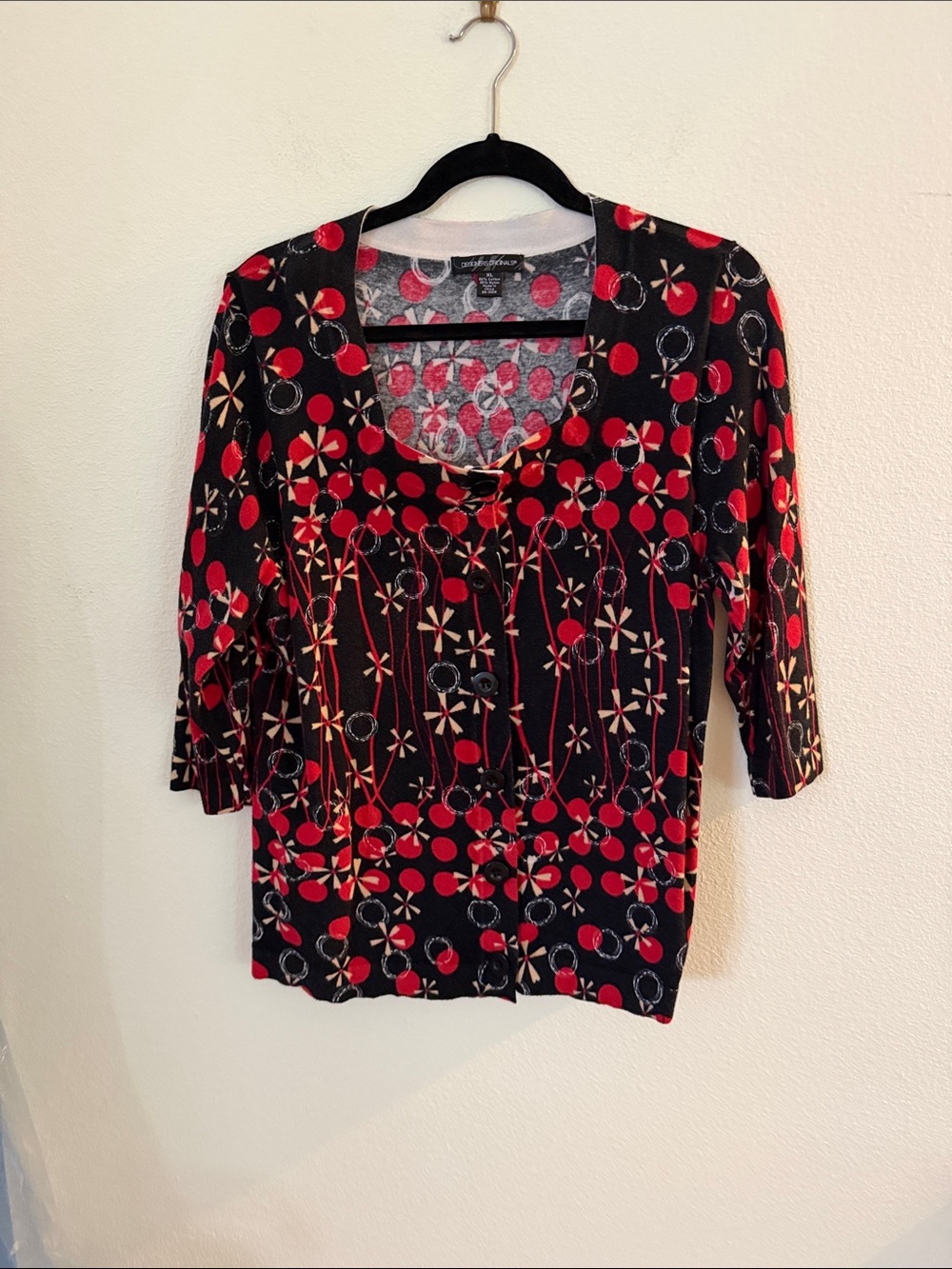 Designer Originals Red & Black Printed Scoop-Neck Cardigan